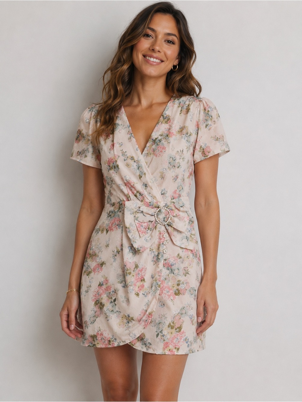 NWOT PEONY Australia Pink Embellished Heart Floral Faux Wrap Dress Sz M AU S US